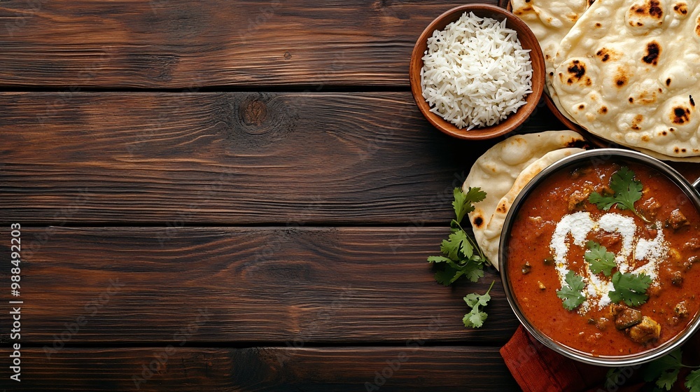 Indian food with curry, rice, and naan bread on a wooden table. Indian food with curry, rice, and naan bread on a wooden table.