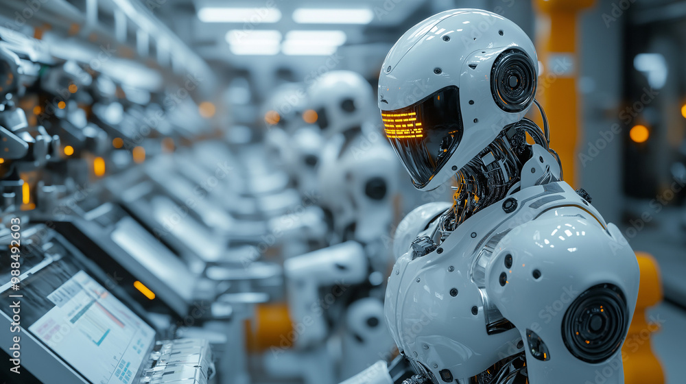 advanced robots efficiently working on an automated production line with artificial intelligence robotics technology. advanced robots efficiently working on an automated production line with artificial intelligence robotics technology.