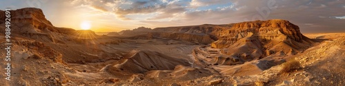 Desert Israel. Panoramic View of Sandstone Canyon in Negev Desert Landscape at Bright Day