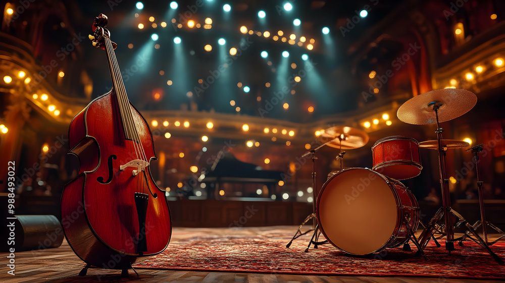 Fototapeta premium Stage setup with a cello, drums, and a grand piano in an elegant concert hall, illuminated by warm lights.