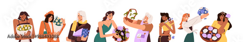 Diverse women with cut flowers set. Young girls and old ladies rejoice at gift bouquets, blossom bunches. Happy people hold bloom posies in hands. Flat isolated vector illustration no white background