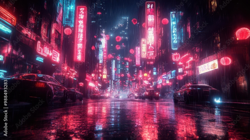 Fototapeta premium Cyberpunk city street with neon signs, cyberpunk, dark tones, digital art