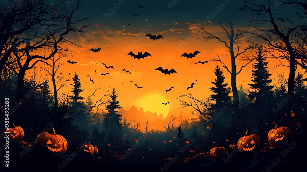 Halloween party border decorated pumpkins bats and spooky silhouettes Halloween party border decorated pumpkins bats and spooky silhouettes