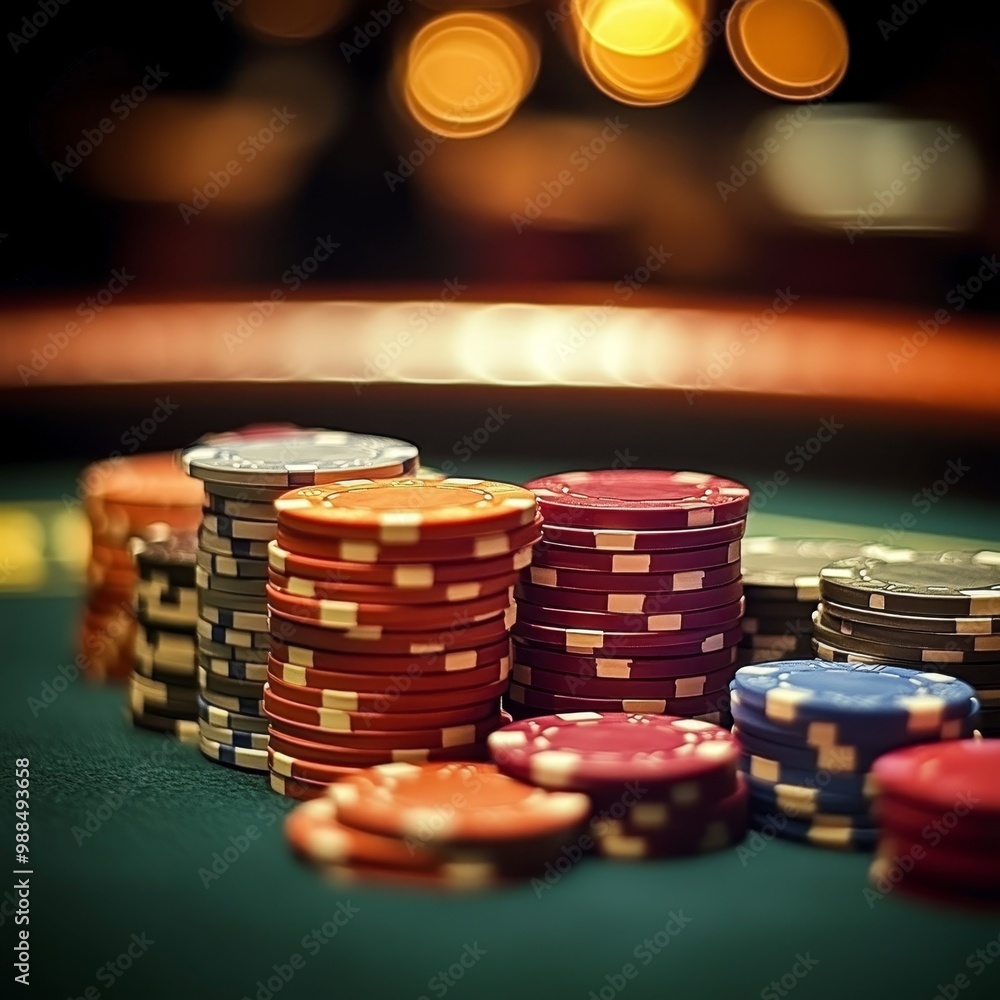 Poker chips on green casino table with bokeh background, gambling concept Poker chips on green casino table with bokeh background, gambling concept