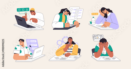 Students at online exams, tests set. People thinking, solve tasks at examination at laptop. Men and women learning, study. Concept education, checking knowledge. Flat isolated vector illustrations