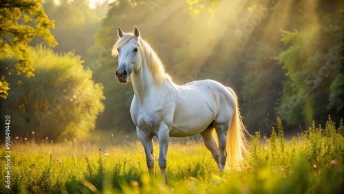 In a tranquil field, a proud white horse stands amidst verdant foliage, bathed in soft light, radiating serenity