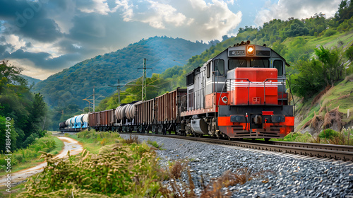 A freight train on a railway track transports containers and tanks with fuel. AI Generated