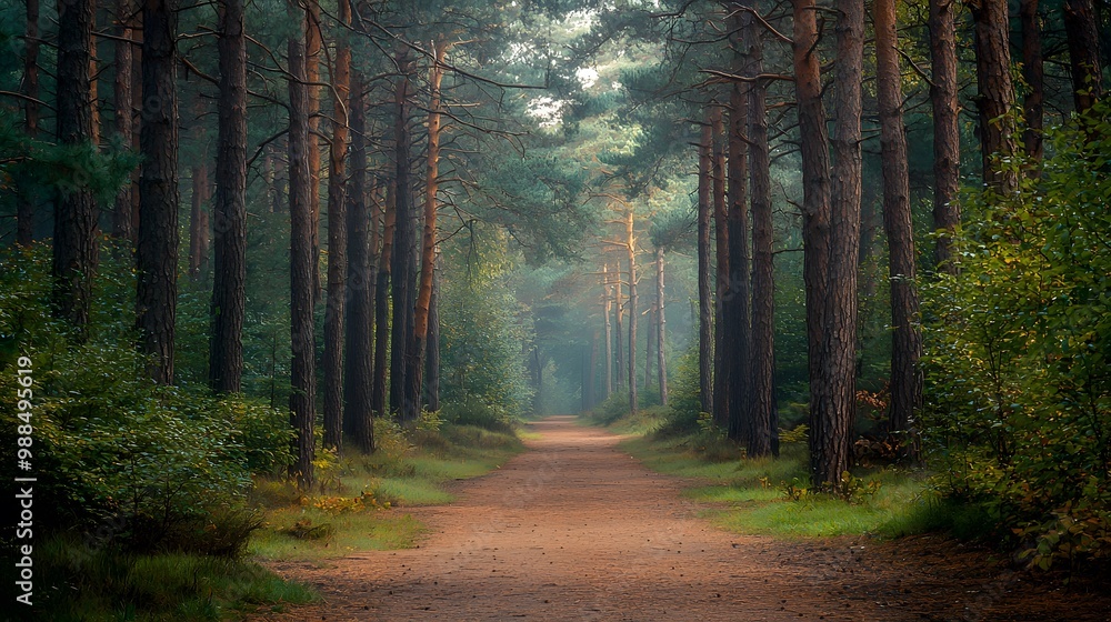 Fototapeta premium Serene Pathway Through Towering Pine Forest