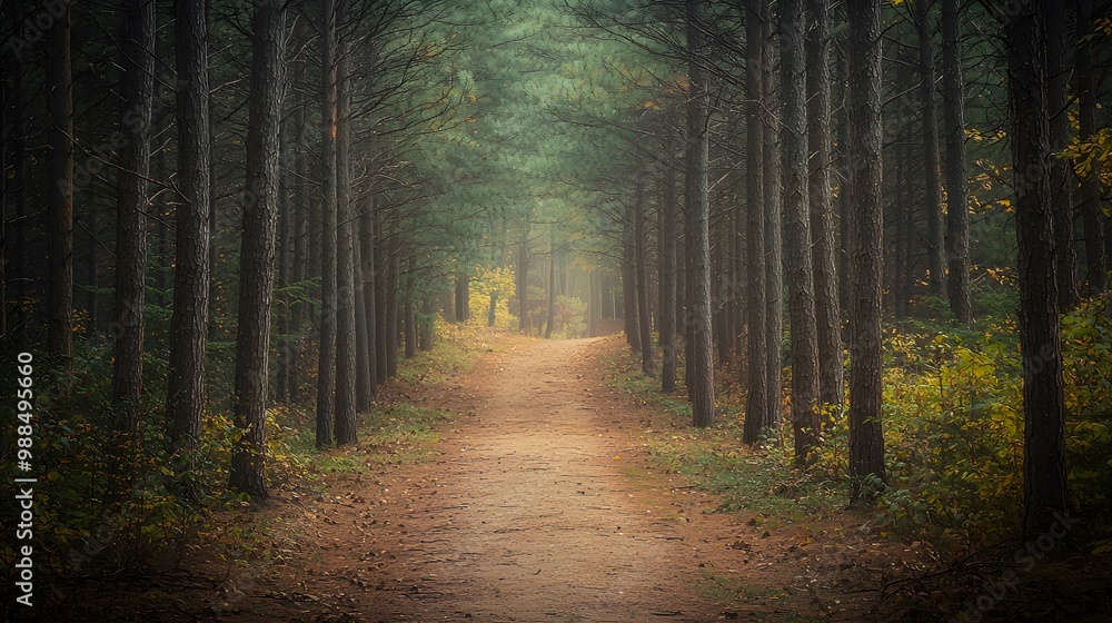 Obraz premium Tranquil Path Through Towering Pine Forest