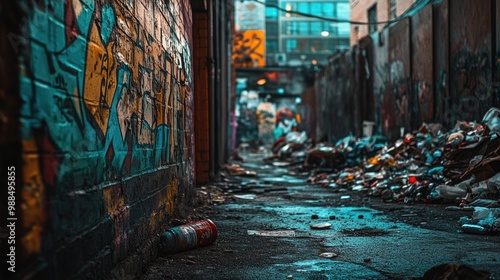 Graffiti-Covered Wall and Trash in a Narrow Alleyway