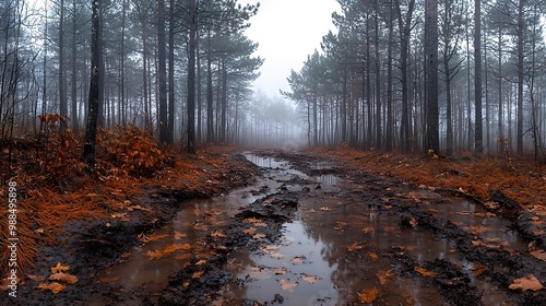 Serene Panoramic View of Towering Pine Trees in Fog