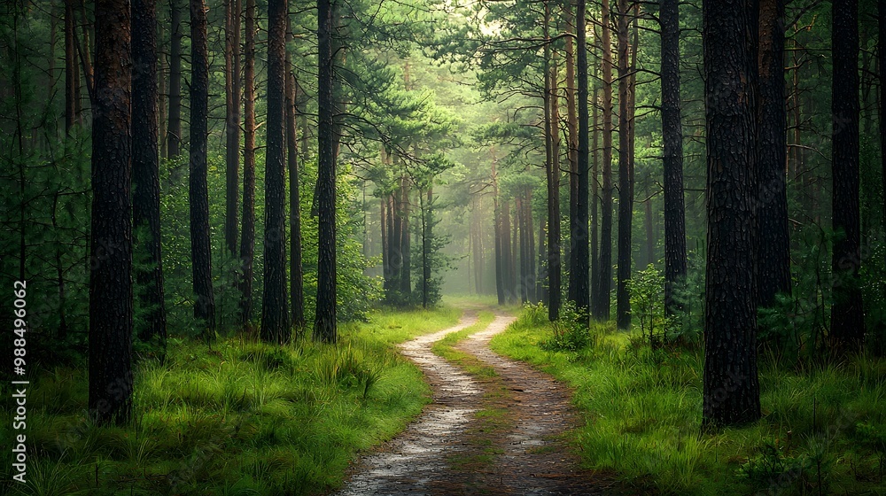 Naklejka premium Serene Pathway Through Tall Pine Trees in the Forest