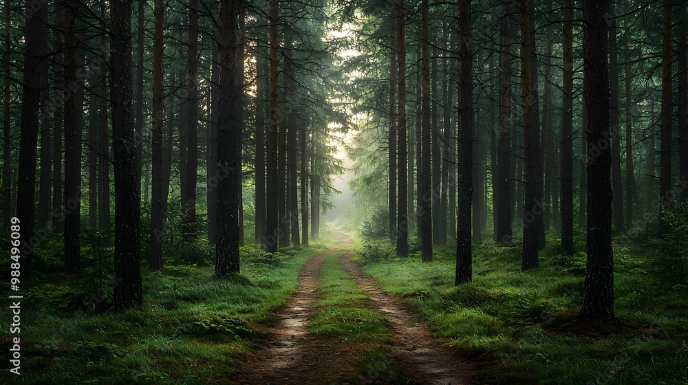 Fototapeta premium Serene Pathway Through Tall Pine Trees in Morning Light