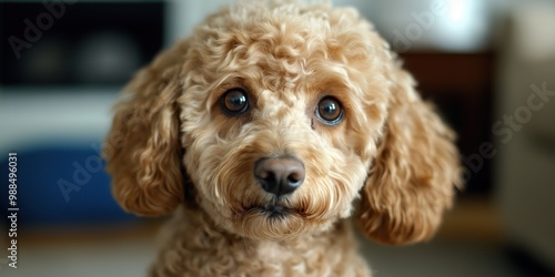 A close-up portrait photo of a cute poodle dog looking at the camera, isolated against a blurred background.