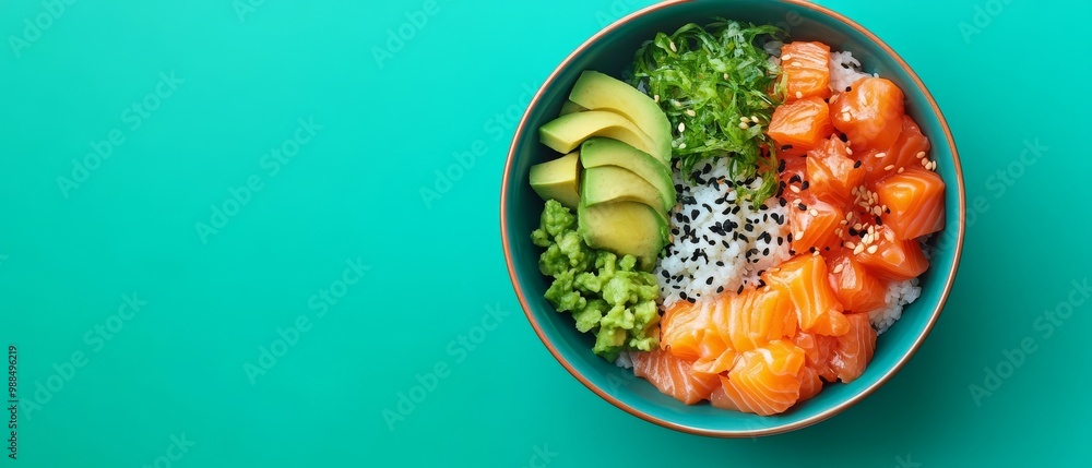 Salmon Poke Bowl with Avocado and Seaweed. Salmon Poke Bowl with Avocado and Seaweed.