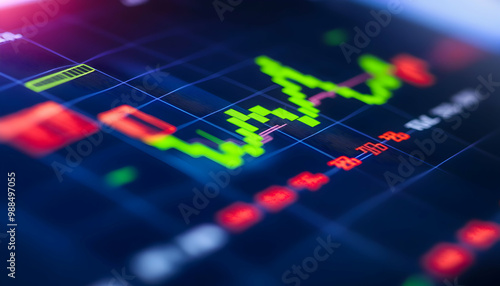 Close-up shot of a financial chart with red and green lines showing stock market performance.