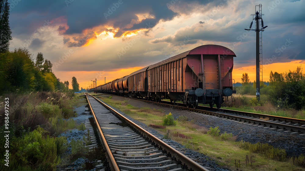 Obraz premium A freight train on a railway track transports containers and tanks with fuel. AI Generated