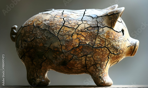 Cracked piggy bank, a symbol of financial hardship or a broken economy. photo