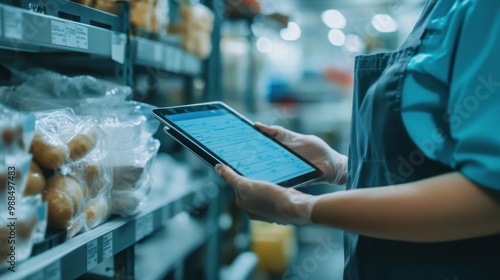 Food Safety Compliance: Worker Ensuring Standards with Tablet Checklist