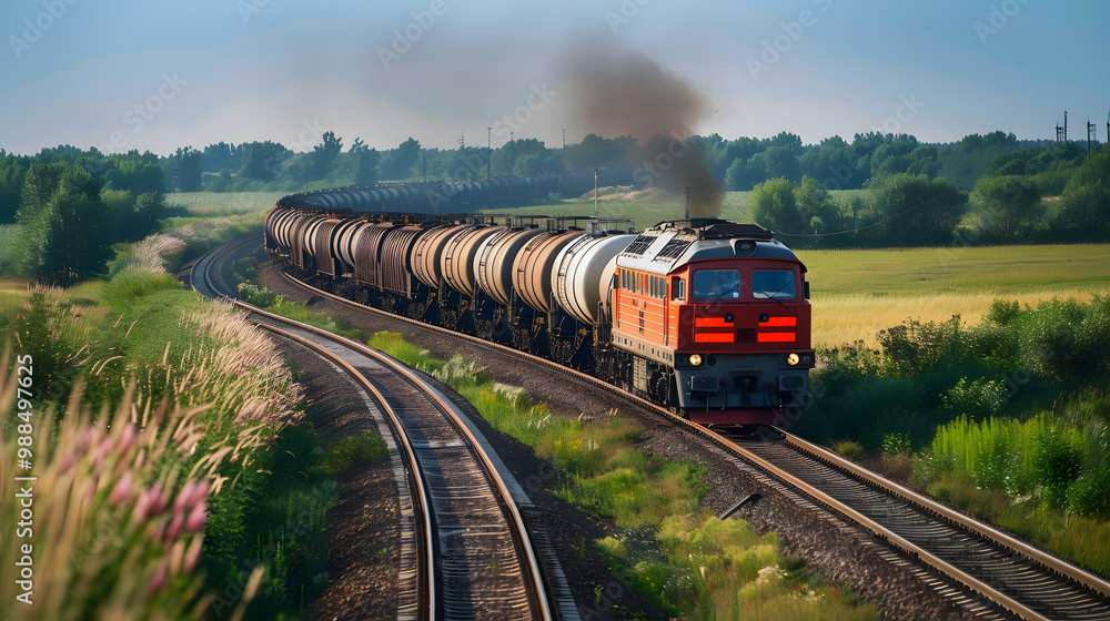 A freight train on a railway track transports containers and tanks with fuel. AI Generated A freight train on a railway track transports containers and tanks with fuel. AI Generated
