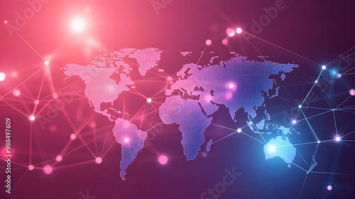 Abstract world map with glowing lines and dots, representing global network and connection.