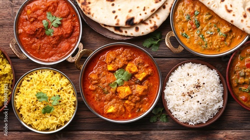 Indian food with different curries and rice on a wooden table.