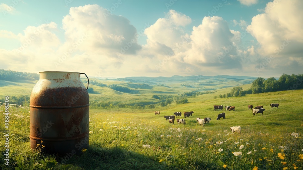 Rusty milk can in meadow with grazing cows and green hills Rusty milk can in meadow with grazing cows and green hills