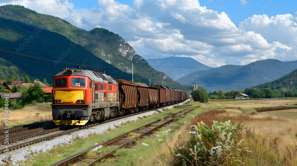 A freight train on a railway track transports containers and tanks with fuel. AI Generated A freight train on a railway track transports containers and tanks with fuel. AI Generated