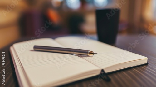 Open Notebook with Pen on Wooden Desk in Warm Lighting,National Simplicity Day