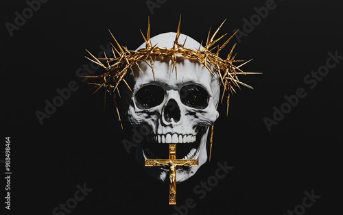 Skull wearing a crown of thorns, golden cross beneath it, set against a black background, photorealistic detail, cinematic lighting casting deep shadows, highly detailed and realistic photo