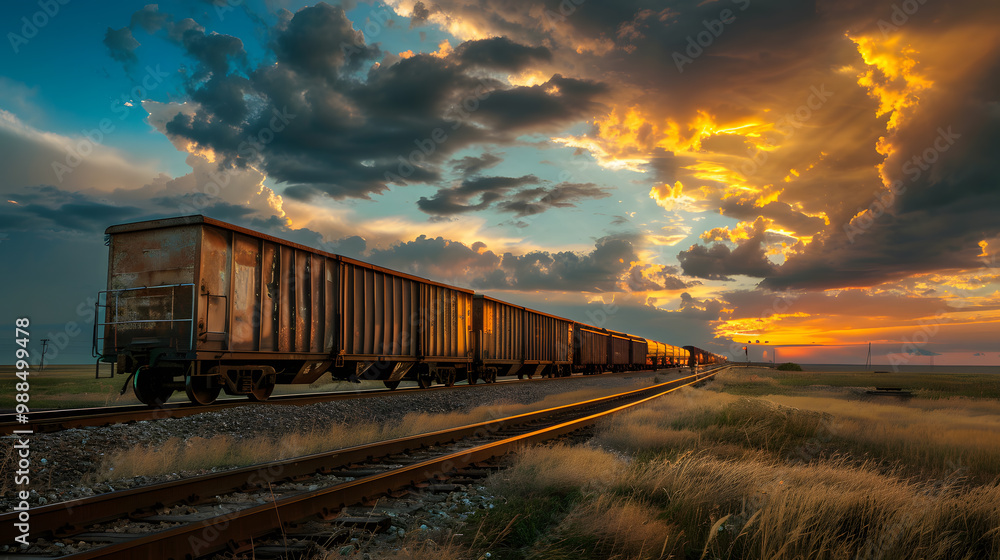 Obraz premium A freight train on a railway track transports containers and tanks with fuel. AI Generated