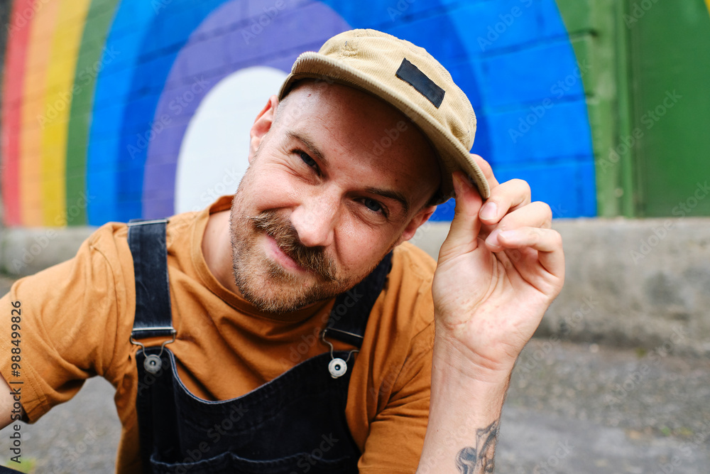 Playful gay person wearing cap near colored wall Playful gay person wearing cap near colored wall