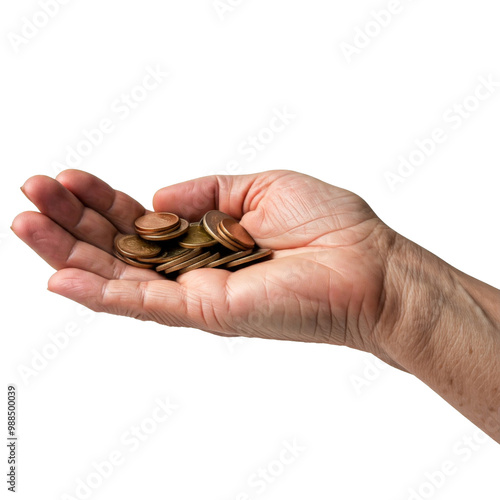 Open Hand Holding a Pile of Various Coins on Transparent Background