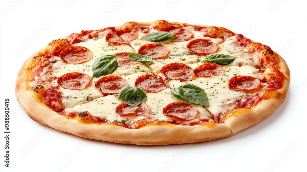 Delicious pizza topped with pepperoni and basil on white isolate background. Delicious pizza topped with pepperoni and basil on white isolate background.