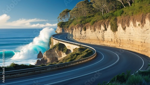 A coastal highway running along the edge of a cliff, with waves crashing against the rocks below and a stunning view of the ocean and sky photo