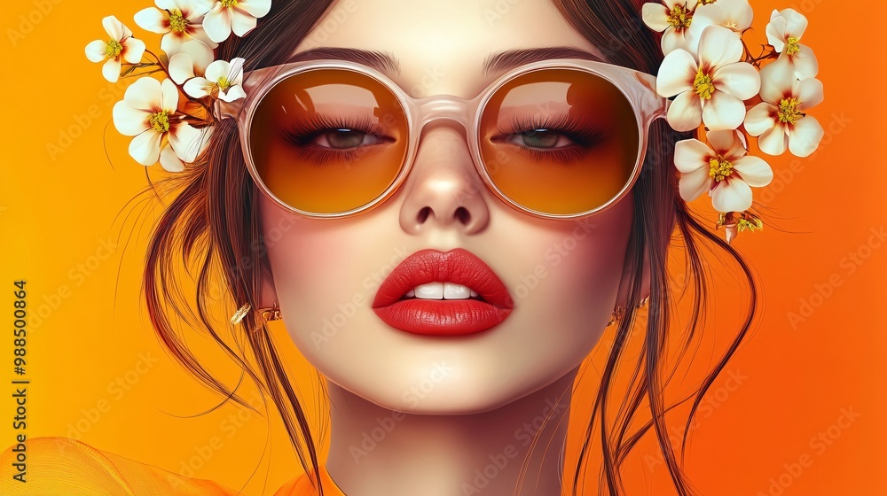 Fototapeta premium A Vibrant Portrait with Floral Headpiece on an Orange Background
