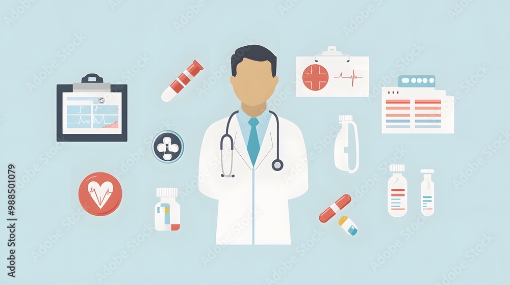 Doctor with Medical Supplies and Equipment on a Blue Background Doctor with Medical Supplies and Equipment on a Blue Background