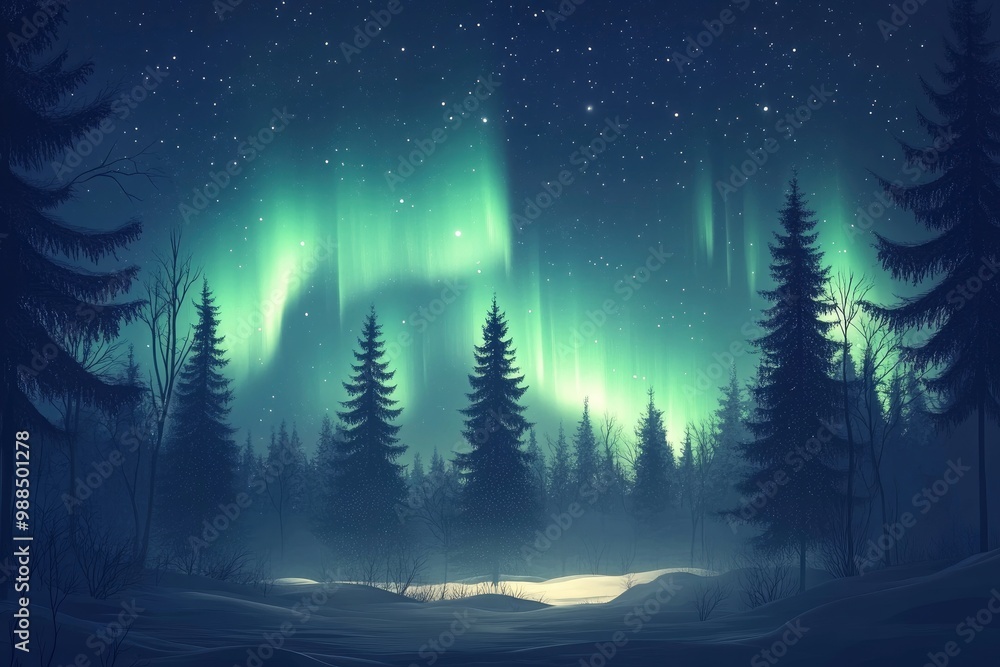 Aurora borealis. Northern lights in winter forest. Sky with polar lights and stars. Night winter landscape with aurora and pine tree forest. with generative ai
