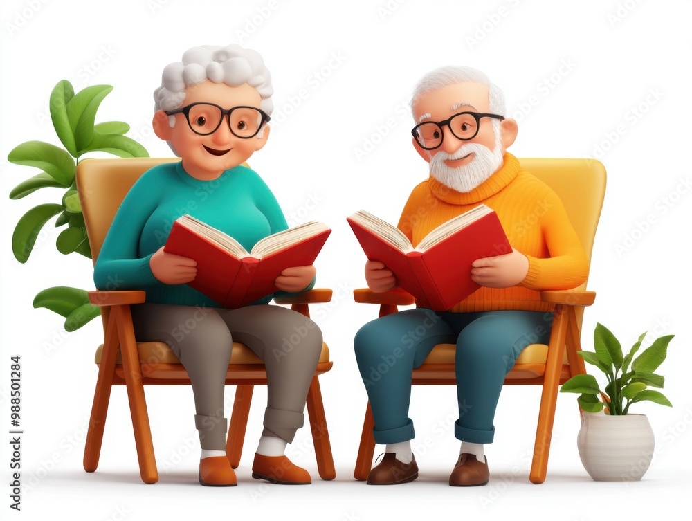 Two elderly people reading books in cozy chairs, surrounded by plants. Two elderly people reading books in cozy chairs, surrounded by plants.