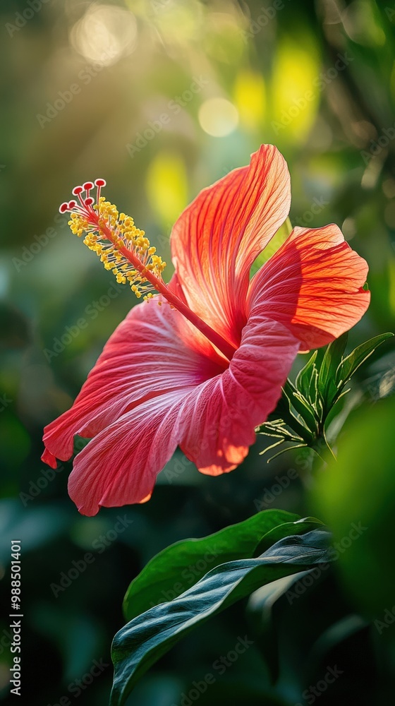 A close-up of a vibrant red hibiscus flower, its large, delicate petals unfolding in the warm tropical sun, surrounded by lush greenery