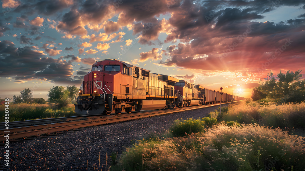 A freight train on a railway track transports containers and tanks with fuel. AI Generated