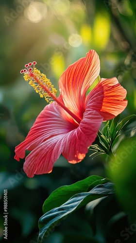 Obraz na płótnie A close-up of a vibrant red hibiscus flower, its large, delicate petals unfolding in the warm tropical sun, surrounded by lush greenery w salonie