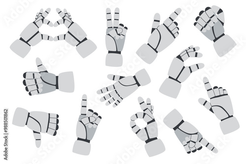 Technology concept. AI concept. Set of robots hands with different gestures isolated on white background. 