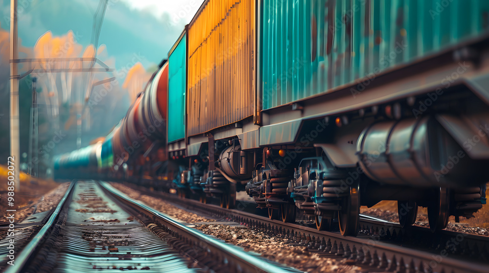 Obraz premium A freight train on a railway track transports containers and tanks with fuel. AI Generated