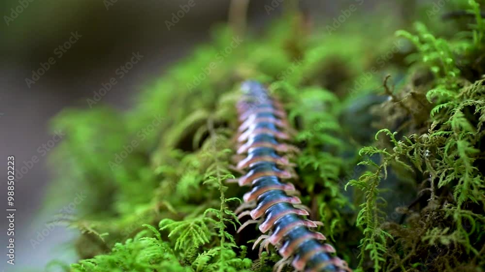 Macro view of a centipede crawling over soft moss in the Great Smoky Mountains National Park, focus on legs and body movement