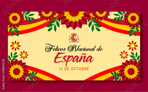Fiesta Nacional de Espana, 12 de Octubre, translated - National Day of Spain, October 12. With ribbons themed in the colors of the flag and beautiful floral ornaments. Vector Illustration