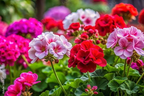 Lush crimson, pink, and white geraniums adorn the garden, adding a vibrant pop of color and a touch