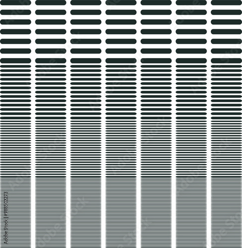The rows of short stripes become thinner towards the bottom of the canvas.