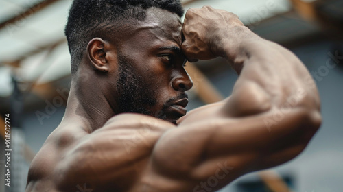 A medium close-up of a man with strong, defined muscles, flexing his arm to highlight physical strength, an essential attribute of fitness.