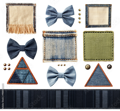 Set of jeans detail. Collection of denim trouser and jacket elements - patch label, metal button and rivet, bow, label, tag, triangle patch in patchwork style. Isolated on white background